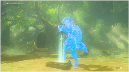 Link placing the Master Sword to begin the Trial of the Sword